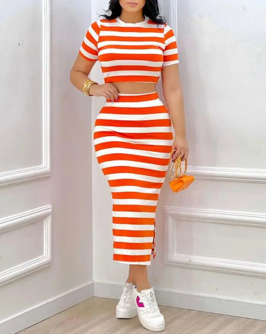 Orange Striped Top & Skirt Co-ord