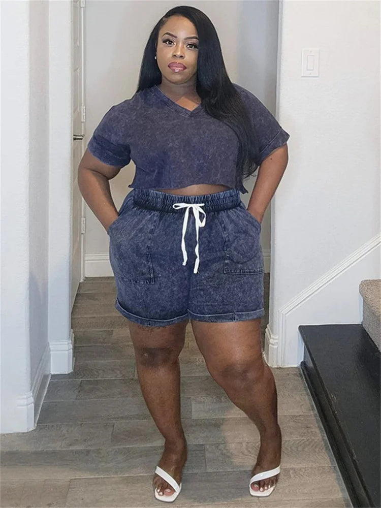 Plus Size Two Piece Tee & Bike Short Outfit Women