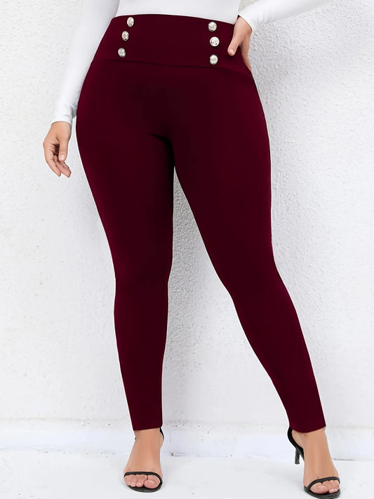 Plus Size Solid Elegant Double Breasted Skinny Pants Maroon