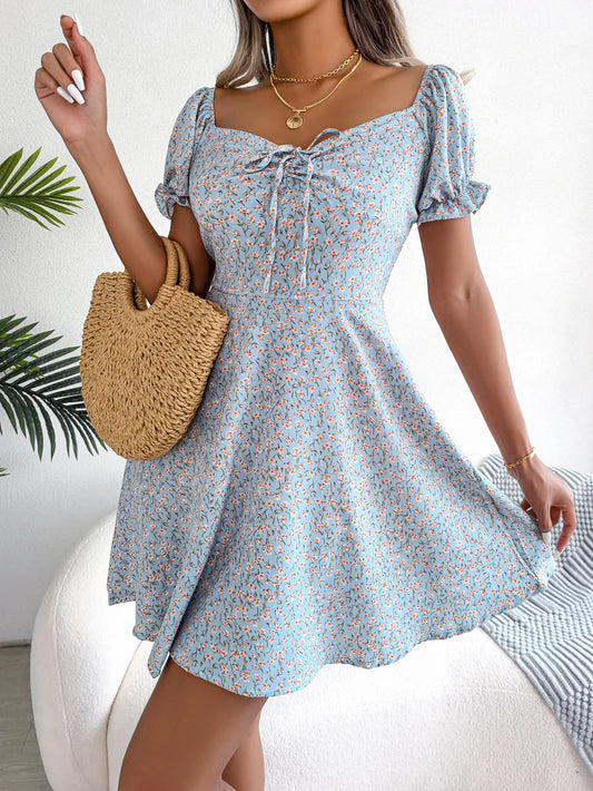 Square Collar Floral Mini Dress