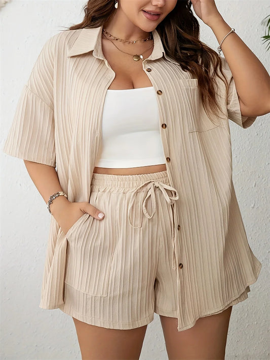 Plus Size Casual Beige Button Up & Shorts Set