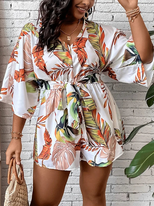 Plus Size Tropical Print Belted Jumpsuit