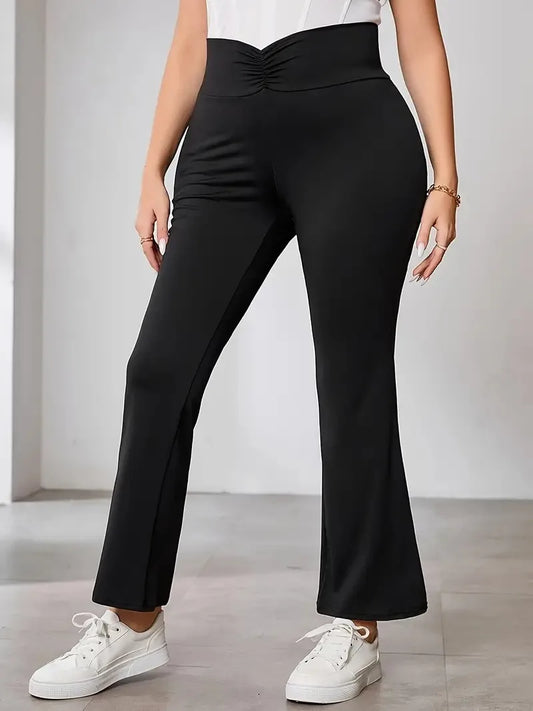 Plus Size Casual Solid High Waist Ruched Flare Pants