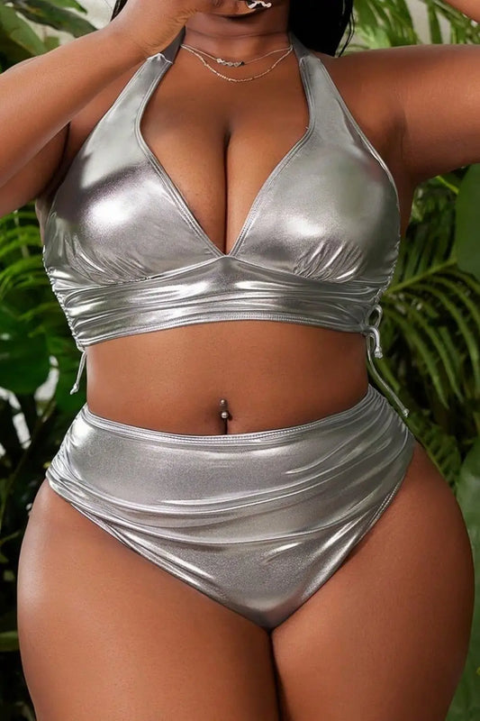 Plus Size Tied Halter Silver Metallic Bikini