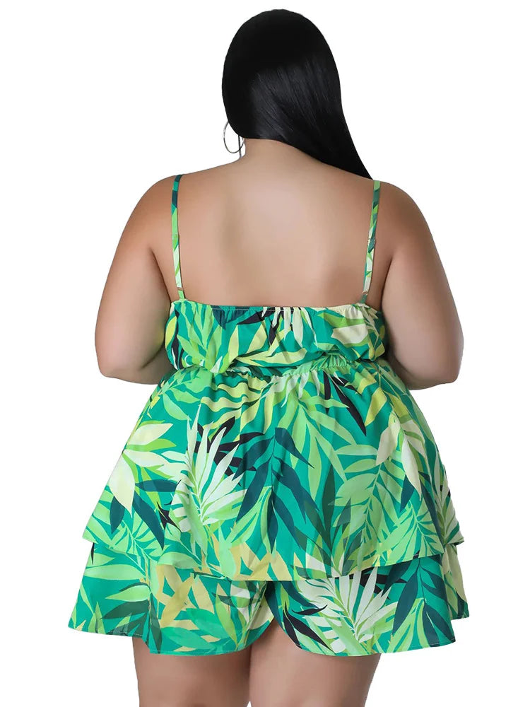 Plus Size V Neck Printed Slip Corset Sexy Casual Romper