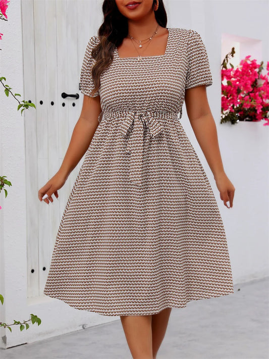 Plus Size Square Neck Puff Sleeve Belted Dress