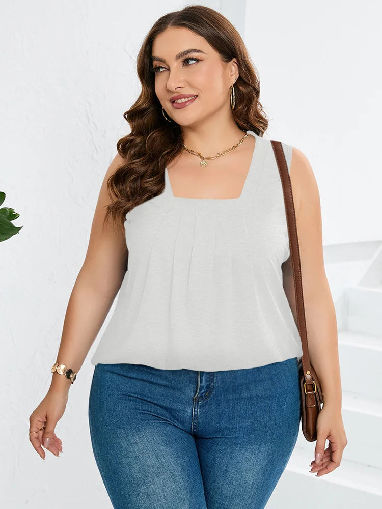 Plus Size Square Neck Pleat Front Solid Tank Top