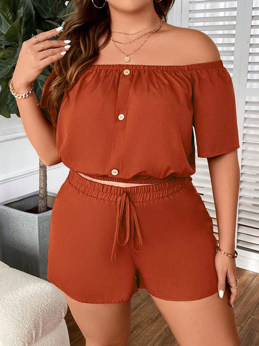 Plus Size Casual One-shoulder Loose Short Sleeve Two-piece Set