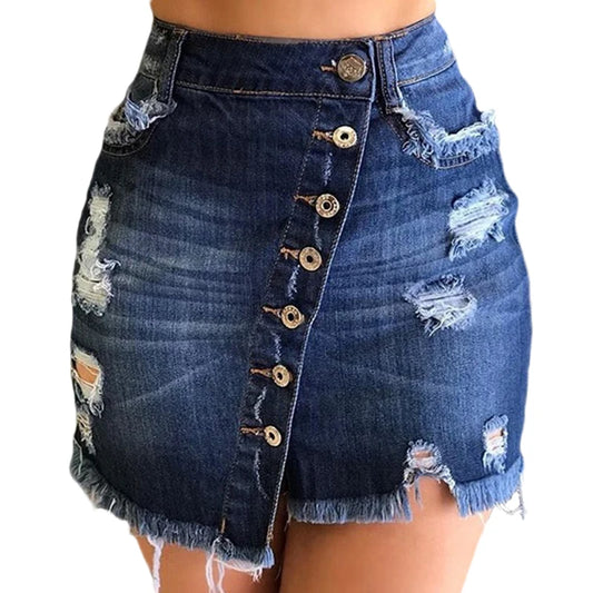 Ripped Denim Button Denim Short Skirt