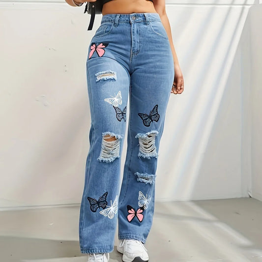 Butterfly Print Denim Straight Jeans