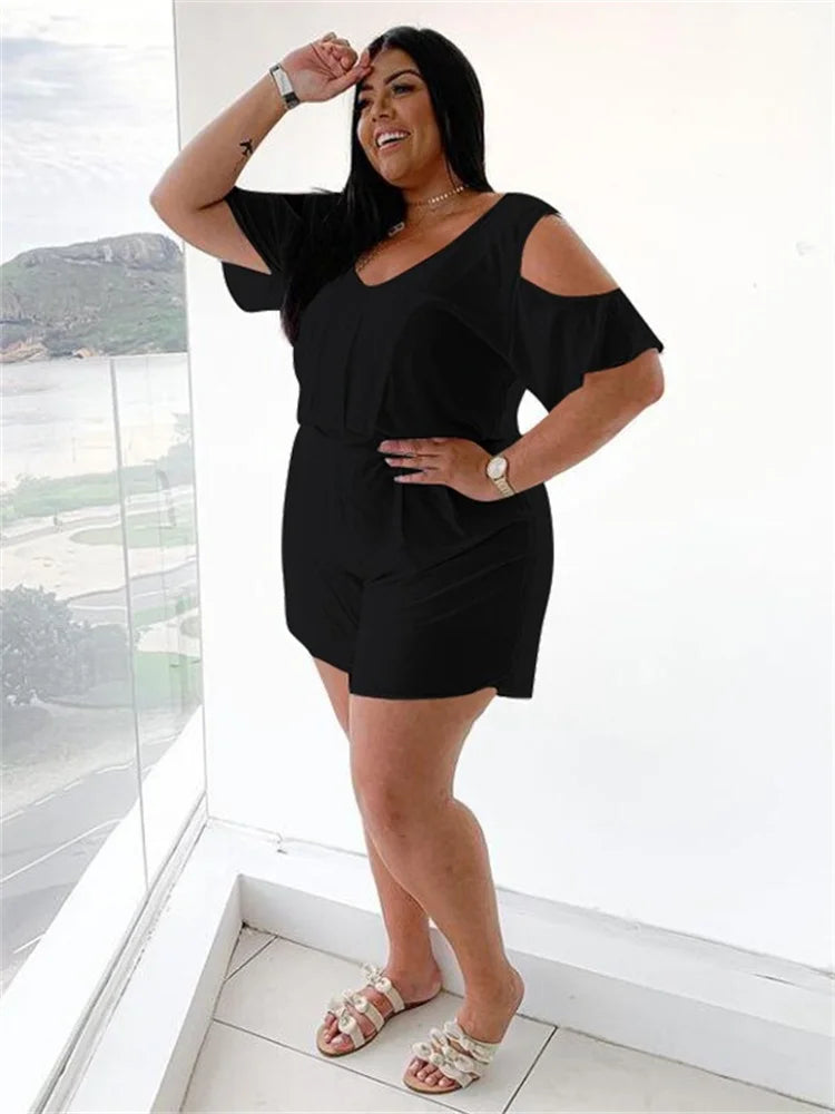 Plus Size V Neck Solid Color Casual Romper