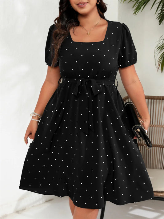 Plus Size Square Neck Polka Dot Belted Dress