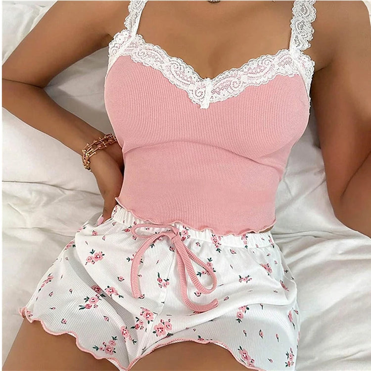 Ribbed Knitted Lace Trim Cami & Floral Print Shorts Pajama Set