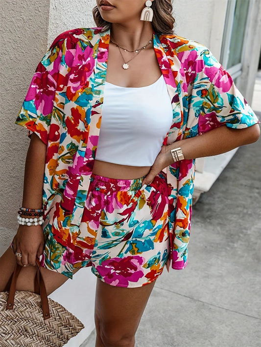 Plus Size Floral Printed Button Down & Shorts Set