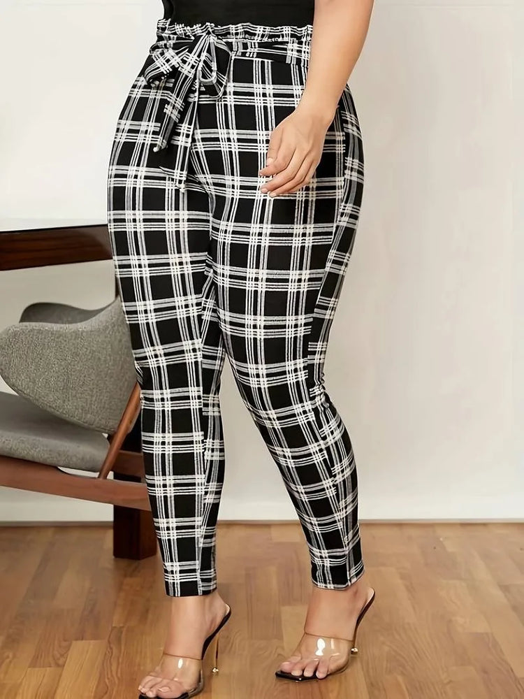 Plus Size Vintage Belted Plaid Pants