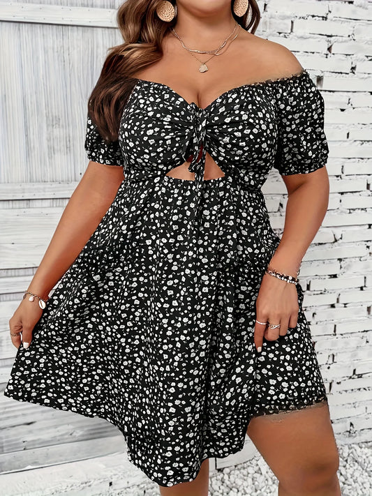 Plus Size Black Keyhole Off The Shoulder Floral Dress