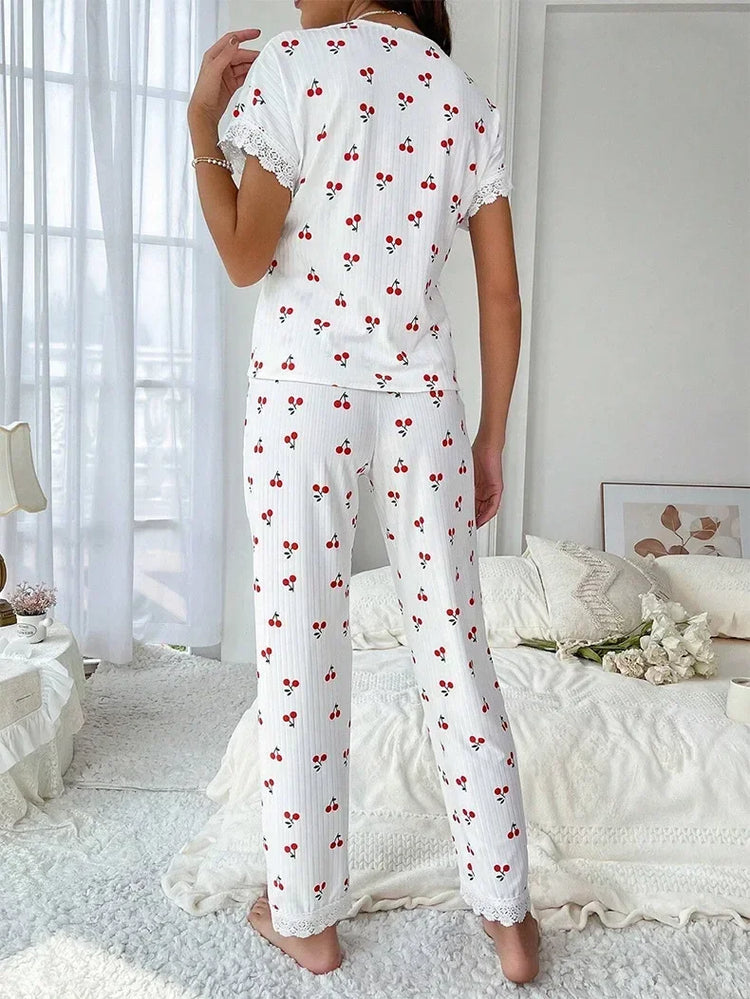 Lace Trim Cherry Print Pajama Set