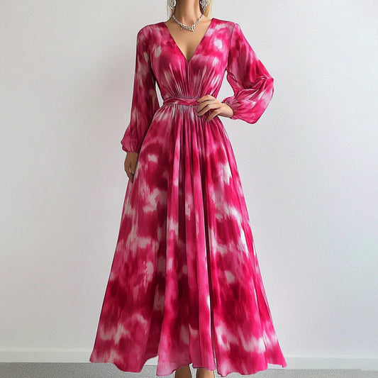 Long Sleeve V Neck Flowing Floral Dress