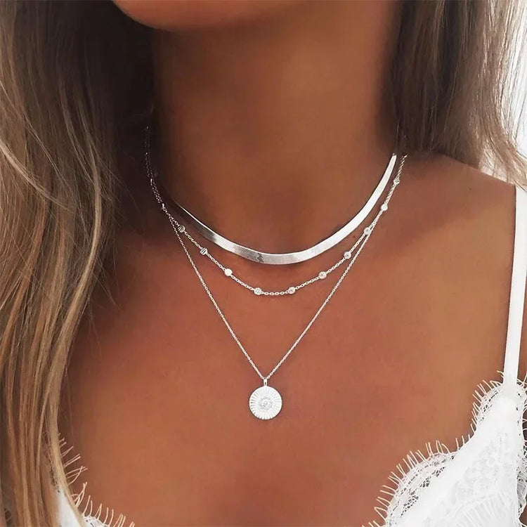 Sterling Silver Three-Layer Round Necklace