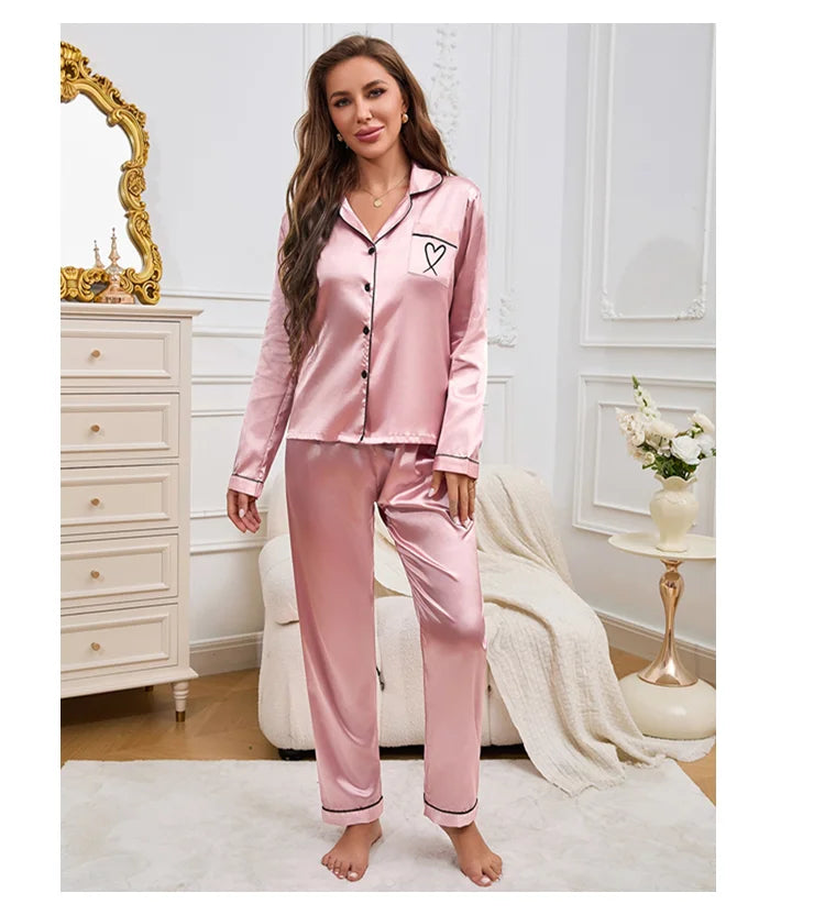 Embroidered Satin Long Sleeve Pajama Set