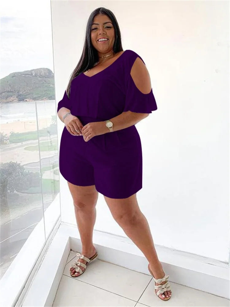 Plus Size V Neck Solid Color Casual Romper