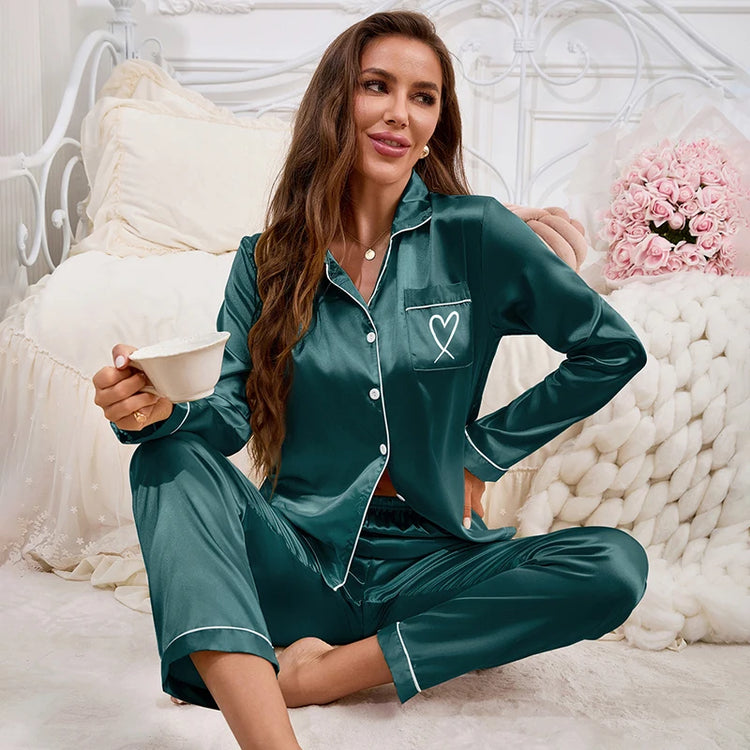 Embroidered Satin Long Sleeve Pajama Set