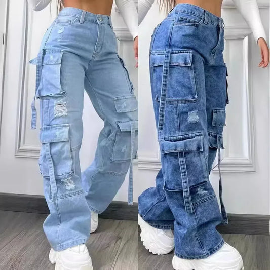 High Waist Denim Cargo Pants