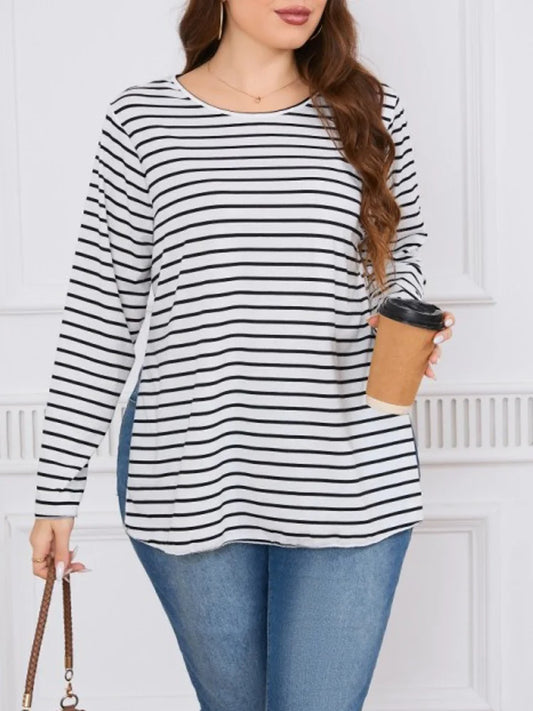 Plus Size Striped Split Long T Shirt Women