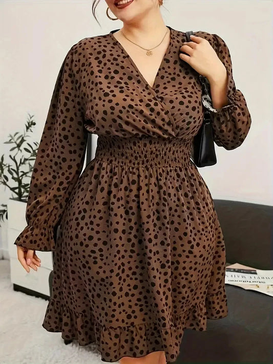 Plus Size Leopard Print Ruffle Hem Mini Dress