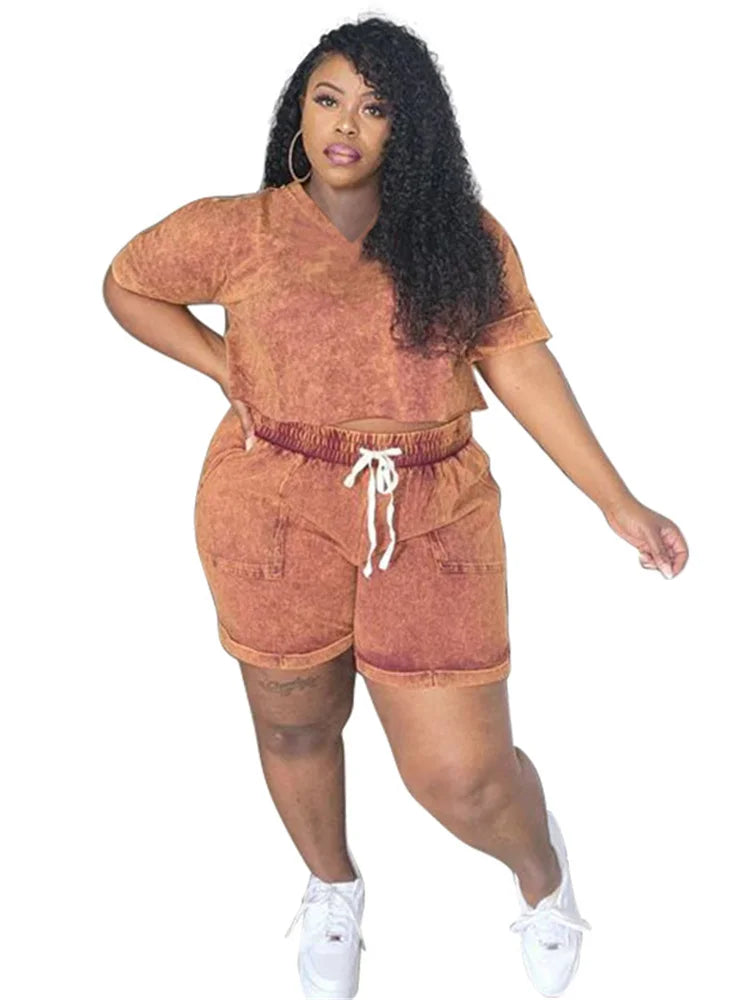 Plus Size Two Piece Tee & Bike Short Outfit Women