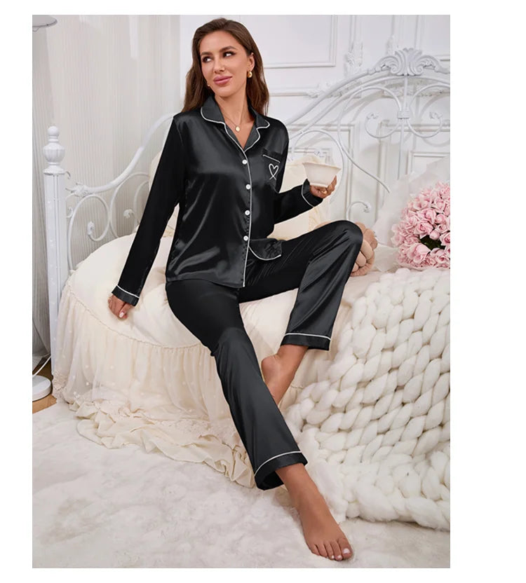 Embroidered Satin Long Sleeve Pajama Set