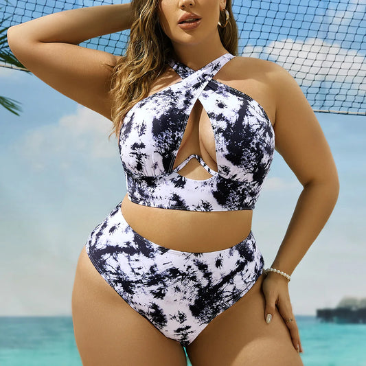 Plus Size Cross Push Up Black & White Bikini