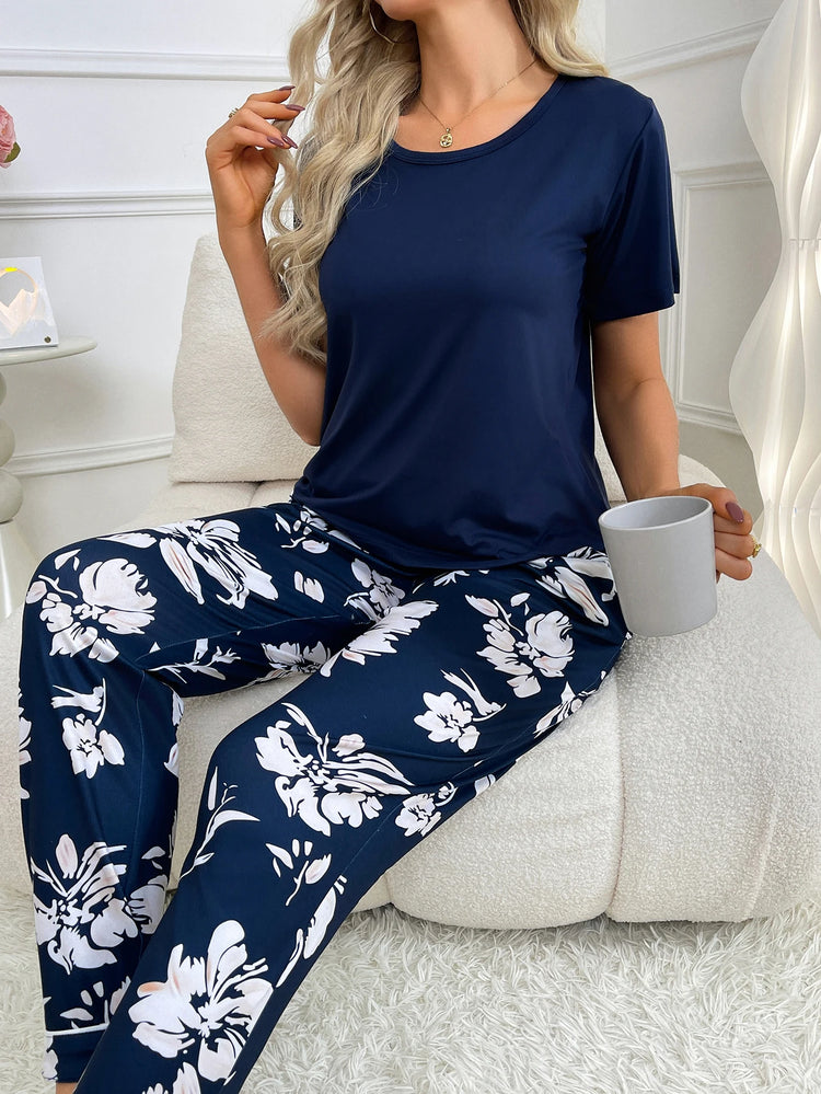 Navy Floral Pajama Top & Pants Set