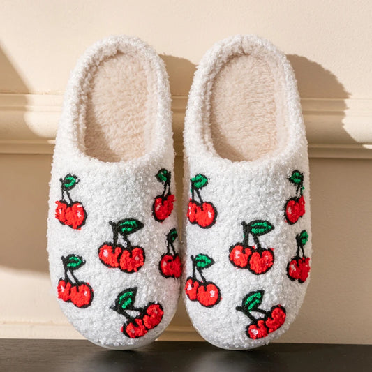 Cherry Print Embroidered Slippers