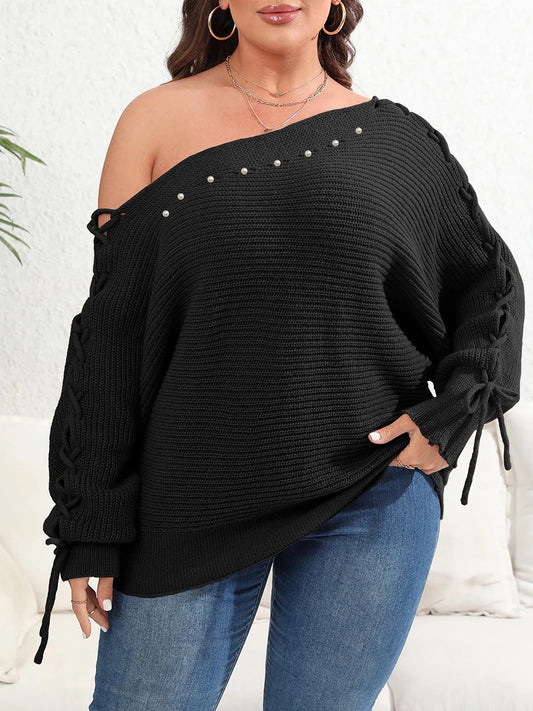 Plus Size Sweater Cozy Cable Knit Off Shoulder Long Sleeve Pullover with Tassel Detail