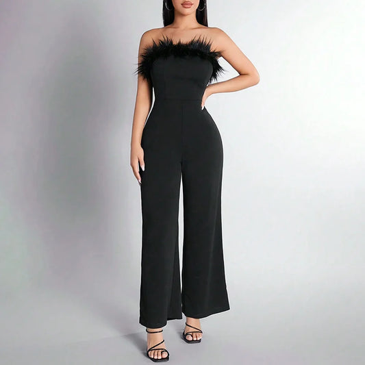 Slim Faux Fur Collar Solid Color Off Shoulder Straight Ankle Fashion Jumpsuit