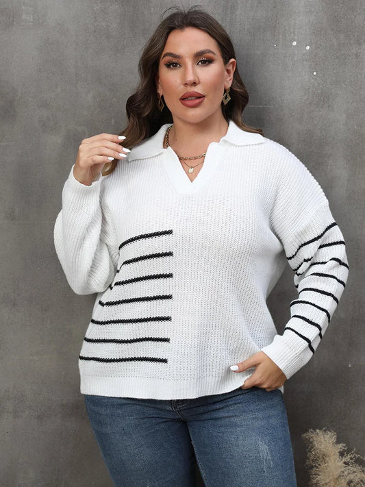 Plus Size Drop Shoulder Striped Knitted Pullover Sweater