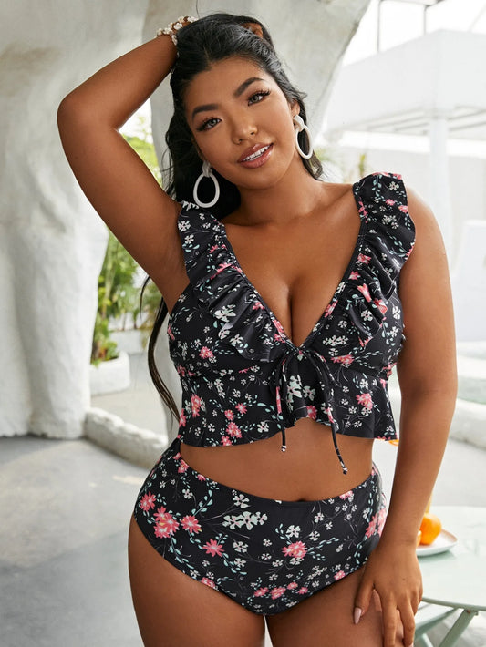 Plus Size Cute Ruffle Edge Floral Tankini