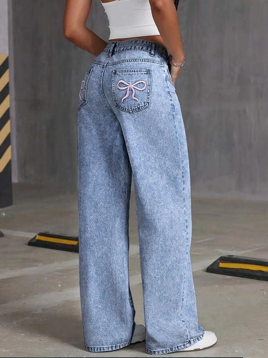 Bow Embroidered Fashionable Wide Leg Pants