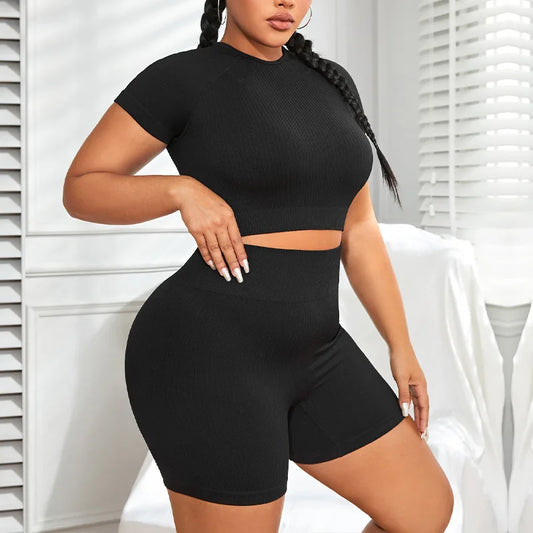 Plus Size High Waist Elastic Short Sleeve Yoga Set