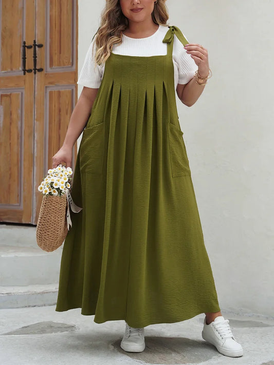 Plus Size Solid Tie Shoulder Overalls Dress