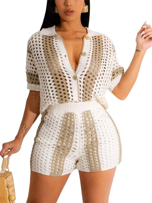 Plus Size Crochet Knit Button Down Shirt and Shorts Swim Coverup