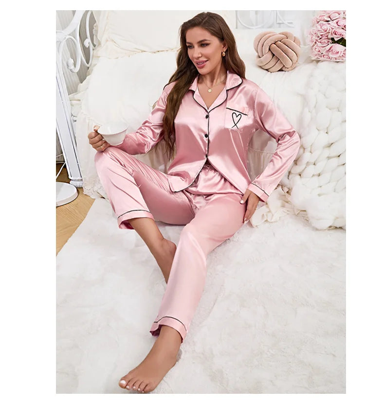 Embroidered Satin Long Sleeve Pajama Set