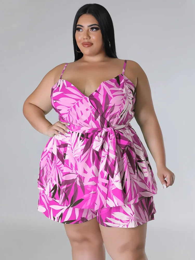 Plus Size V Neck Printed Slip Corset Sexy Casual Romper