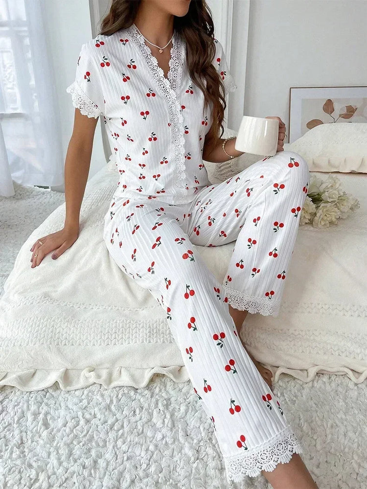 Lace Trim Cherry Print Pajama Set