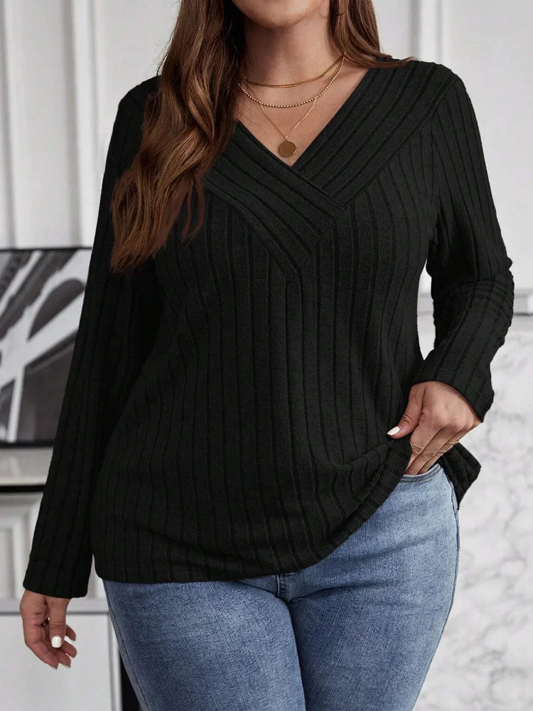 Plus Size Women's Fashionable Solid Color V Neck Sweater Pullover Top