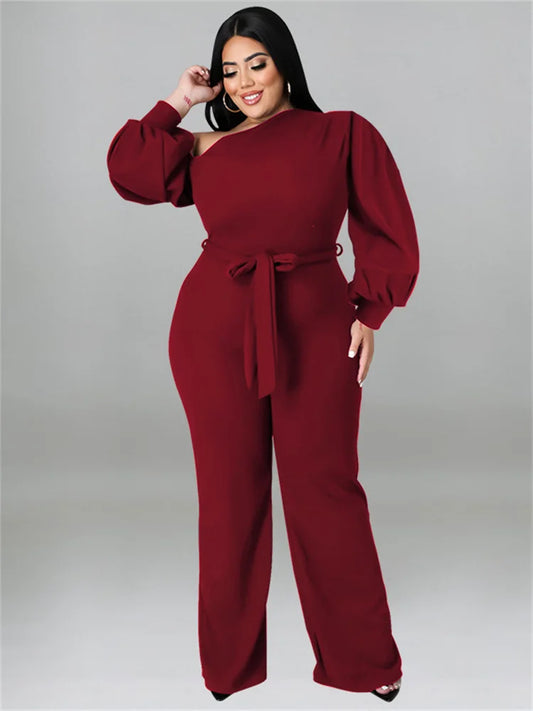 Plus Size Solid Left Off Shoulder Front Tie Jumpsuit